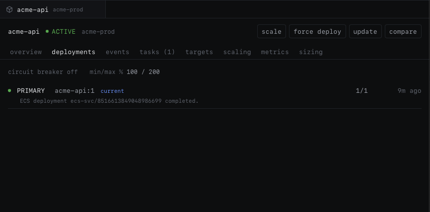 A service's Deployments tab during a rollout, with the rollback action visible