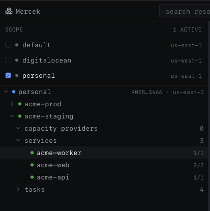 The resource tree with two accounts and several regions expanded