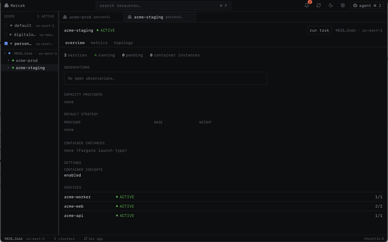 The main window: resource tree on the left, a service open on the right